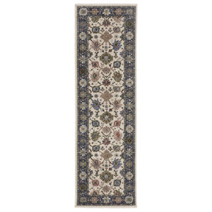 HomeRoots 5' Elegant Ivory, Blue, and Gray Floral Area Rug with Fringe - Durable, Stain Resistant Design 8' Runner 575635