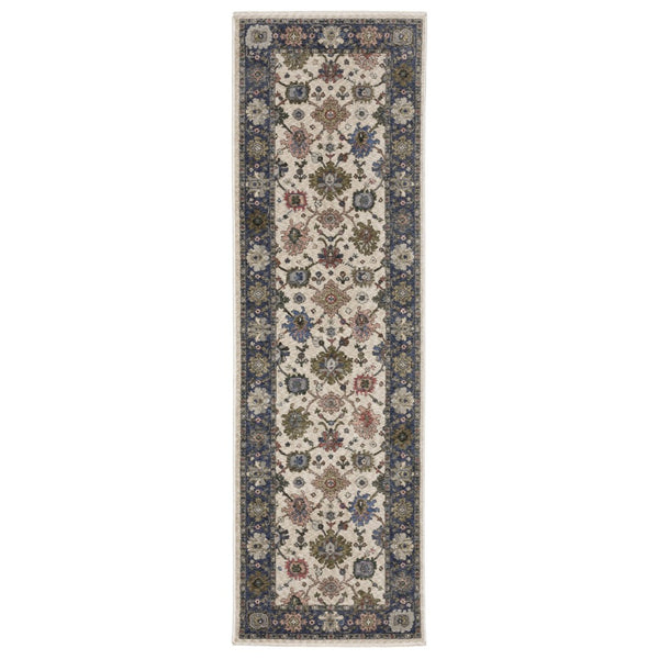 HomeRoots 5' Elegant Ivory, Blue, and Gray Floral Area Rug with Fringe - Durable, Stain Resistant Design 8' Runner 575635