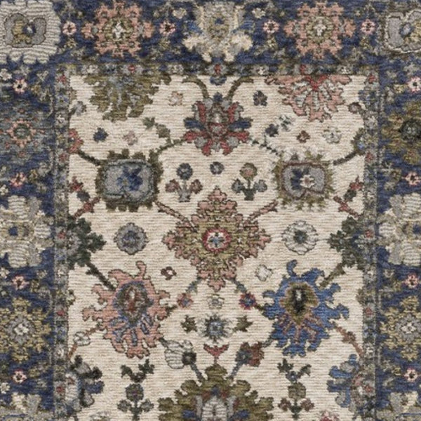 HomeRoots 5' Elegant Ivory, Blue, and Gray Floral Area Rug with Fringe - Durable, Stain Resistant Design 8' Runner 575635