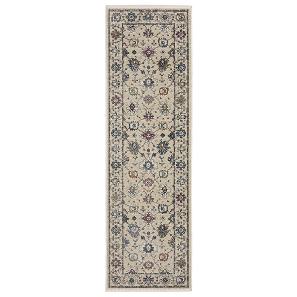Homeroots 5' Elegant Ivory Blue Gray Floral Area Rug With Fringe - Stain Resistant, Soft Texture For Any Space 8' Runner Polyester 575636