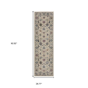 Homeroots 5' Elegant Ivory Blue Gray Floral Area Rug With Fringe - Stain Resistant, Soft Texture For Any Space 8' Runner Polyester 575636