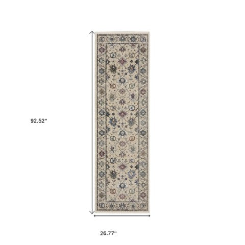 Homeroots 5' Elegant Ivory Blue Gray Floral Area Rug With Fringe - Stain Resistant, Soft Texture For Any Space 8' Runner Polyester 575636