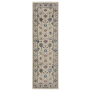 HomeRoots 5' Elegant Ivory, Blue, and Gray Floral Area Rug with Fringe - Durable, Stain Resistant Design 8' Runner 575636