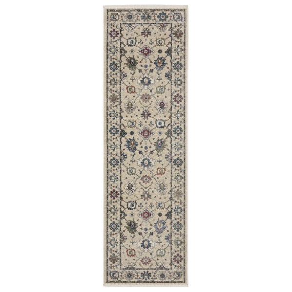 HomeRoots 5' Elegant Ivory, Blue, and Gray Floral Area Rug with Fringe - Durable, Stain Resistant Design 8' Runner 575636