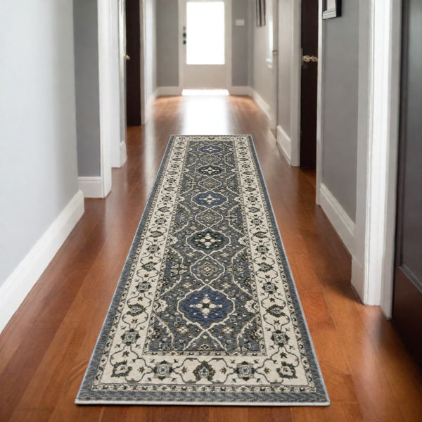 Homeroots 5' Blue Oriental Area Rug With Fringe - Stylish, Stain-resistant Design For Kids & Pets' Spaces 8' Runner Polyester 575638