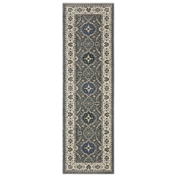 HomeRoots 5' Classic Blue and Gray Oriental Area Rug with Fringed Edges - Durable, Stain-Resistant Design 8' Runner 575638
