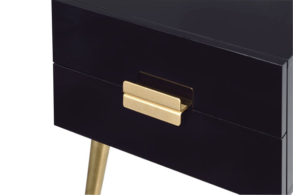 English Elm Denvor Two Drawer End Table with Gold Tapered Legs and Glossy Black Top B2726P445302
