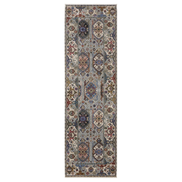 HomeRoots 5' Blue and Gray Oriental Area Rug with Fringed Tassels – Durable, Stain-Resistant, Elegant Design 8' Runner 575639