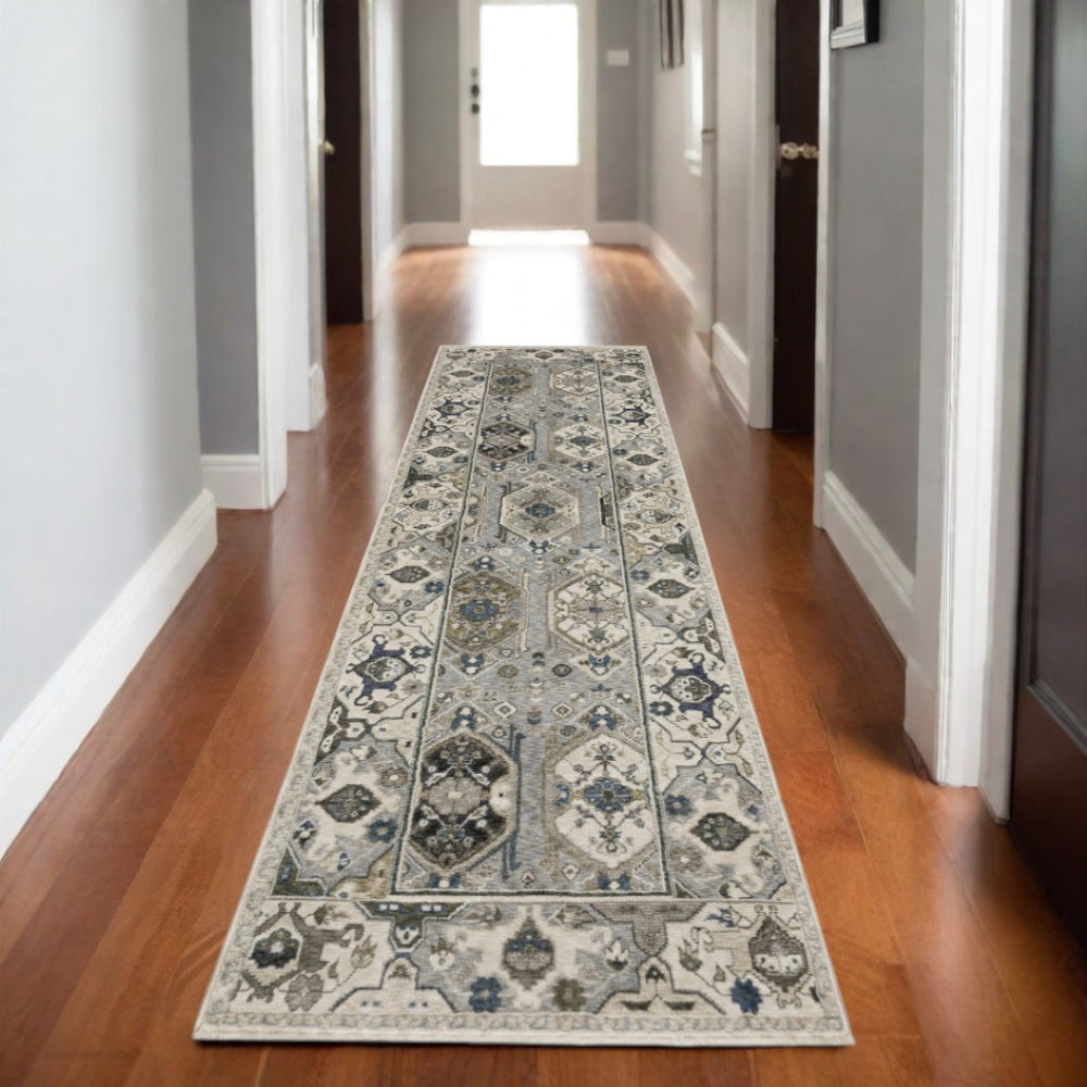 HomeRoots 5' Blue and Gray Oriental Area Rug with Fringed Tassels – Durable, Stain-Resistant, Elegant Design 8' Runner 575640