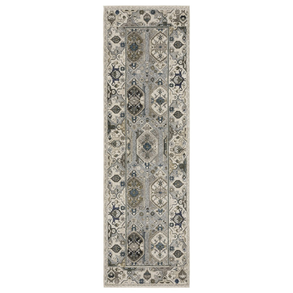HomeRoots 5' Blue and Gray Oriental Area Rug with Fringed Tassels – Durable, Stain-Resistant, Elegant Design 8' Runner 575640