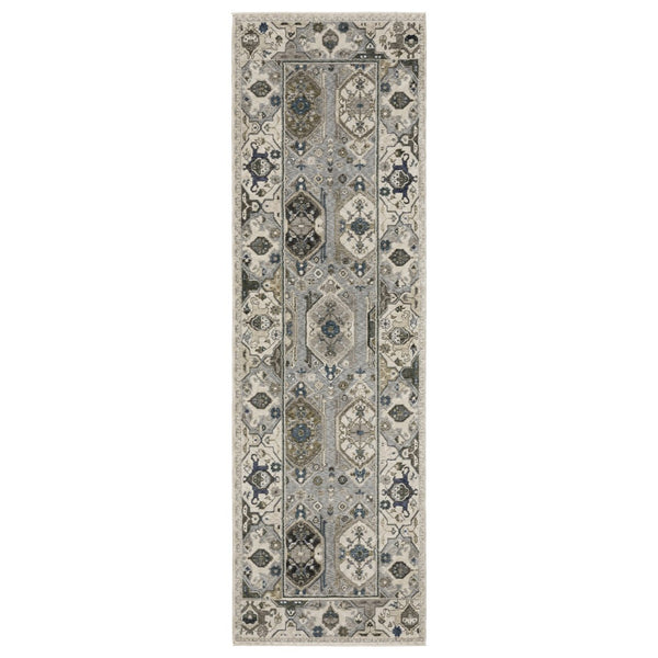 HomeRoots 5' Blue and Gray Oriental Area Rug with Fringed Tassels – Durable, Stain-Resistant, Elegant Design 8' Runner 575640