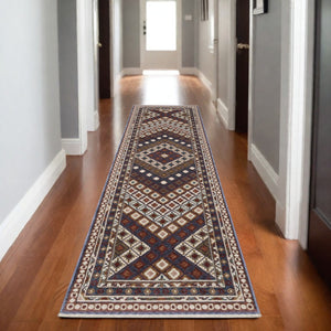 HomeRoots 5' Elegant Ivory, Red & Tan Diamond Area Rug with Fringed Edges – Stain & Fade Resistant Design 8' Runner 575641