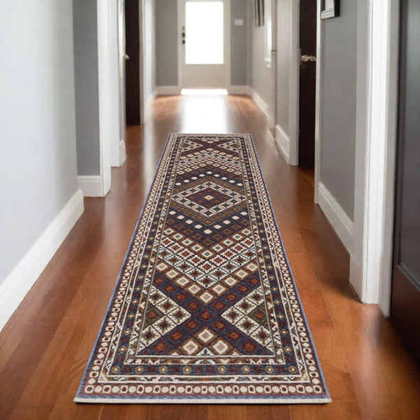 HomeRoots 5' Elegant Ivory, Red & Tan Diamond Area Rug with Fringed Edges – Stain & Fade Resistant Design 8' Runner 575641