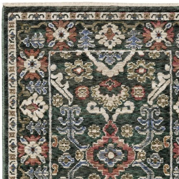 Homeroots 5' Floral Green Area Rug With Fringe - Stylish, Stain-resistant Design For Kid & Pet-friendly Homes 8' Runner Polyester 575642