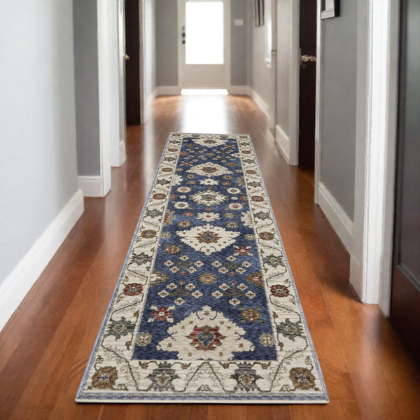 Homeroots 5' Floral Blue Area Rug With Fringe - Stylish, Stain-resistant Design For Any Living Space Decor 8' Runner Polyester 575644