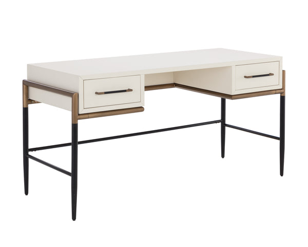 Sunpan Weldrick Desk - Elegant Acacia Wood Design with Soft Closing Drawers and Antique Brass Accents Oyster