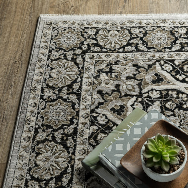 HomeRoots 3' Gray and Black Medallion Area Rug with Fringe - Timeless Design for Elegant and Cozy Spaces 2'3" x 7'6" 575661