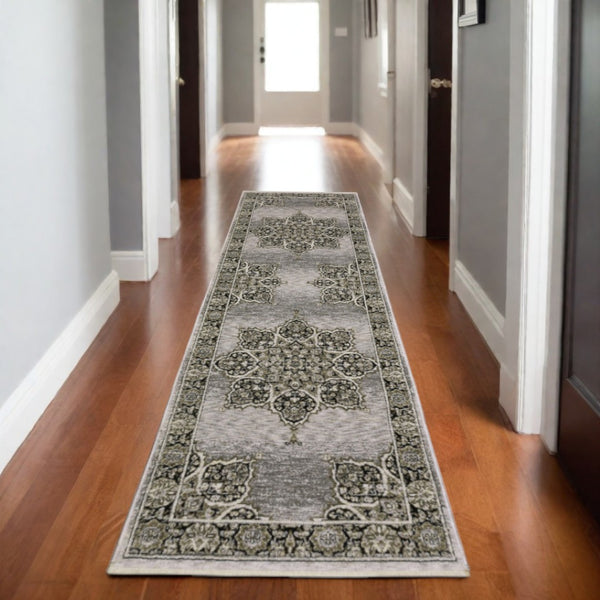 HomeRoots 3' Gray and Black Medallion Area Rug with Fringe - Timeless Design for Elegant and Cozy Spaces 2'3" x 7'6" 575661