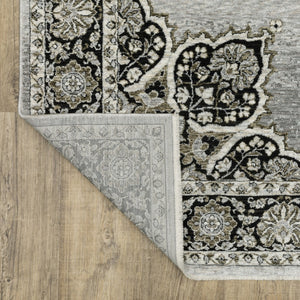 HomeRoots 3' Gray and Black Medallion Area Rug with Fringe - Timeless Design for Elegant and Cozy Spaces 2'3" x 7'6" 575661