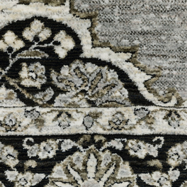 HomeRoots 3' Gray and Black Medallion Area Rug with Fringe - Timeless Design for Elegant and Cozy Spaces 2'3" x 7'6" 575661