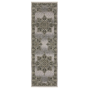 HomeRoots 3' Gray and Black Medallion Area Rug with Fringe - Timeless Design for Elegant and Cozy Spaces 2'3" x 7'6" 575661