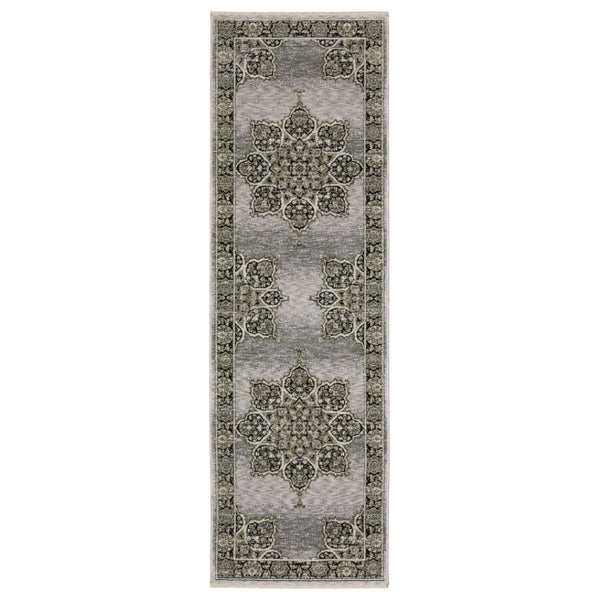 HomeRoots 3' Gray and Black Medallion Area Rug with Fringe - Timeless Design for Elegant and Cozy Spaces 2'3" x 7'6" 575661