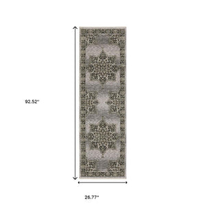 HomeRoots 3' Gray and Black Medallion Area Rug with Fringe - Timeless Design for Elegant and Cozy Spaces 2'3" x 7'6" 575661