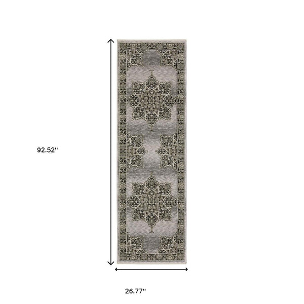 HomeRoots 3' Gray and Black Medallion Area Rug with Fringe - Timeless Design for Elegant and Cozy Spaces 2'3" x 7'6" 575661