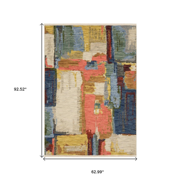 HomeRoots 3' Elegant Abstract Area Rug in Beige, Yellow, and Pink with Fringe for Modern Spaces and Comfort 5' X 8' 575663