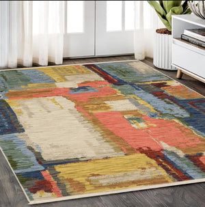 HomeRoots 3' Elegant Abstract Area Rug in Beige, Yellow, and Pink with Fringe for Modern Spaces and Comfort 5' X 8' 575663