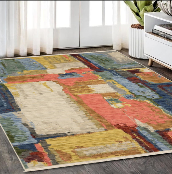HomeRoots 3' Elegant Abstract Area Rug in Beige, Yellow, and Pink with Fringe for Modern Spaces and Comfort 5' X 8' 575663
