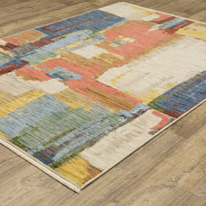 HomeRoots 3' Elegant Abstract Area Rug in Beige, Yellow, and Pink with Fringe for Modern Spaces and Comfort 5' X 8' 575663
