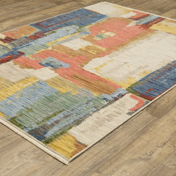 HomeRoots 3' Elegant Abstract Area Rug in Beige, Yellow, and Pink with Fringe for Modern Spaces and Comfort 5' X 8' 575663