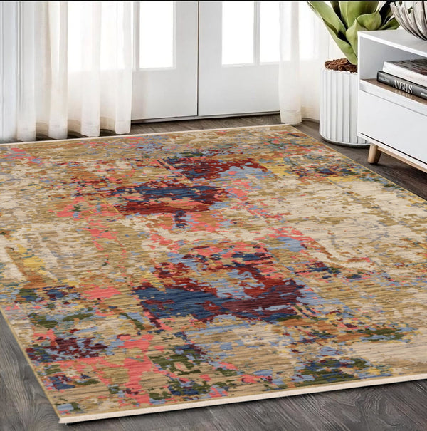 Homeroots 2' Beige Red And Blue Abstract Area Rug With Fringe - Add Warmth And Style To Your Living Space 5' X 8' Wool Blend 575667