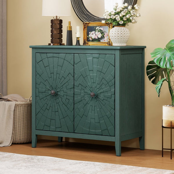 English Elm Geometric Diamond Embossed Sideboard Cabinet Matte Vintage Mdf Entryway Storage Green W688P364740