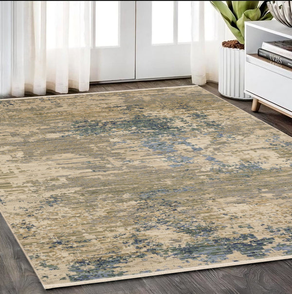 Homeroots 2' Stylish Beige And Blue Abstract Area Rug With Fringe For A Chic And Cozy Home Décor Touch 5' X 8' Wool Blend 575668