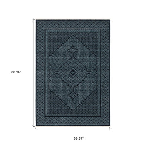 HomeRoots 5' Blue and Teal Medallion Area Rug with Trendy Fringe - Stain and Fade Resistant for Everyday Use 3' X 5' 575680