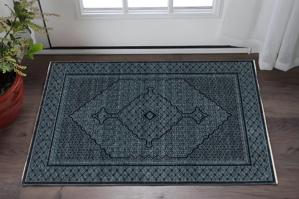 HomeRoots 5' Blue and Teal Medallion Area Rug with Trendy Fringe - Stain and Fade Resistant for Everyday Use 3' X 5' 575680