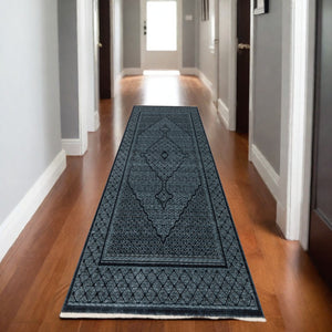 HomeRoots 5' Blue and Teal Medallion Area Rug with Trendy Fringe - Stain and Fade Resistant for Everyday Use 8' Runner 575681