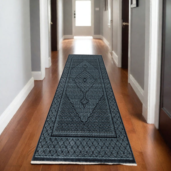 HomeRoots 5' Blue and Teal Medallion Area Rug with Trendy Fringe - Stain and Fade Resistant for Everyday Use 8' Runner 575681