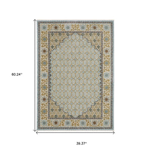 HomeRoots 5' Gold Oriental Area Rug with Elegant Fringed Edges - Durable, Stain-Resistant, Timeless Design 3' X 5' 575682
