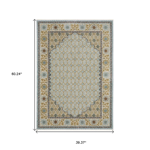 HomeRoots 5' Gold Oriental Area Rug with Elegant Fringed Edges - Durable, Stain-Resistant, Timeless Design 3' X 5' 575682