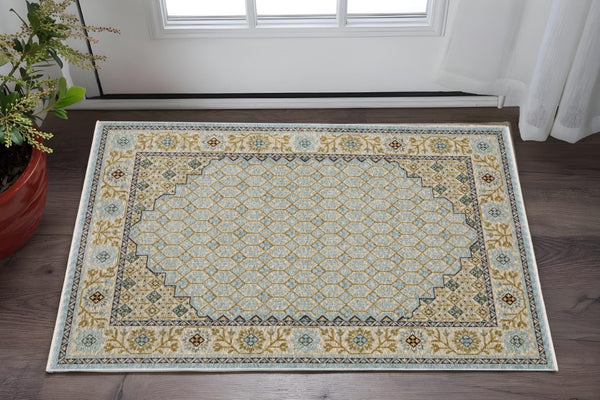 HomeRoots 5' Gold Oriental Area Rug with Elegant Fringed Edges - Durable, Stain-Resistant, Timeless Design 3' X 5' 575682