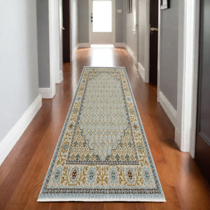 HomeRoots 5' Gold Oriental Area Rug with Elegant Fringed Edges - Durable, Stain-Resistant, Timeless Design 8' Runner 575683