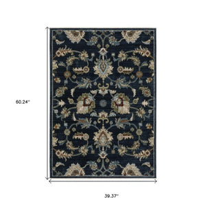 Homeroots 5' Elegant Dark Blue Oriental Area Rug With Fringe - Stain Resistant, Timeless Design For Home Decor 3' X 5' Polyester 575688