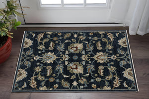 Homeroots 5' Elegant Dark Blue Oriental Area Rug With Fringe - Stain Resistant, Timeless Design For Home Decor 3' X 5' Polyester 575688