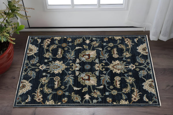 Homeroots 5' Elegant Dark Blue Oriental Area Rug With Fringe - Stain Resistant, Timeless Design For Home Decor 3' X 5' Polyester 575688