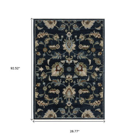 Homeroots 5' Elegant Dark Blue Oriental Area Rug With Fringe - Stain Resistant, Timeless Design For Home Decor 8' Runner Polyester 575689