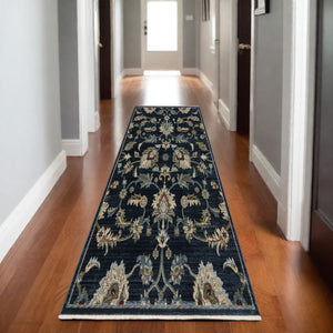 Homeroots 5' Elegant Dark Blue Oriental Area Rug With Fringe - Stain Resistant, Timeless Design For Home Decor 8' Runner Polyester 575689
