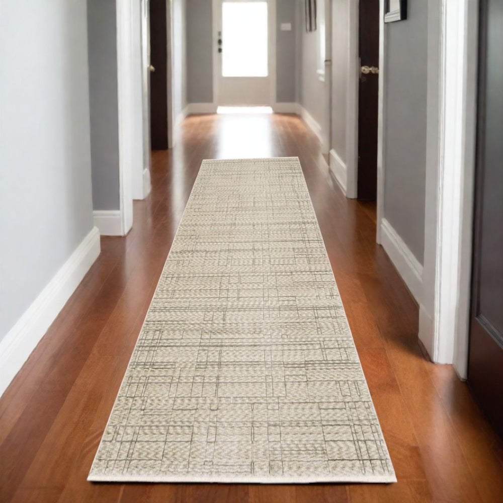 HomeRoots 5' Geometric Area Rug in Beige and Brown with Fringe - Stylish, Durable, and Stain-Resistant Design 8' Runner 575693